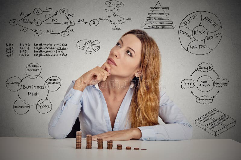 Businesswoman calculating risks of new project implementation royalty free stock photos
