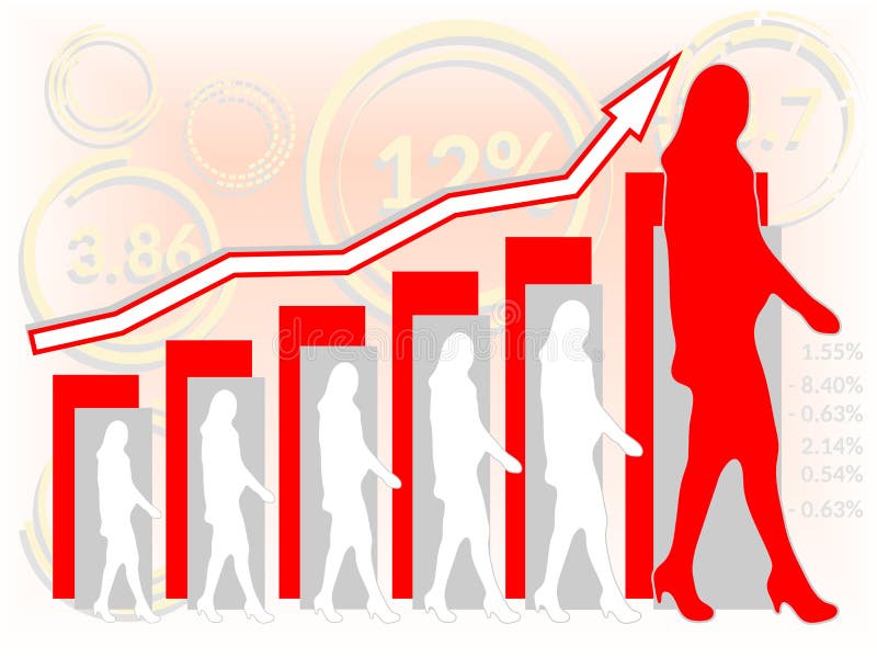 Businesswoman career development. Silhouettes of woman in business suit walking in front of data charts and diagrams with growth. vector illustration Businesswoman career development. Silhouettes of woman in business suit walking in front of data charts and diagrams with growth. vector illustration