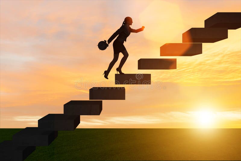 The businesswoman in career growth concept with stairs