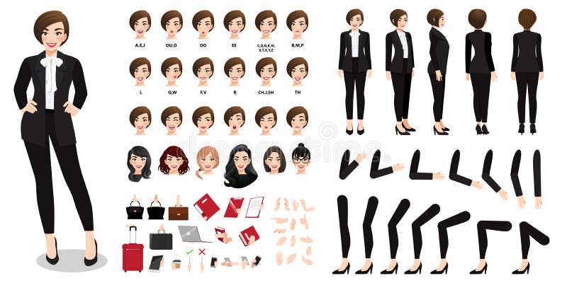 Businesswoman Cartoon Character in Black Suit Creation Set with Various Views, Lip Sync and Poses Kit Set Vector Stock Vector - Illustration of separate, pant: 207334867 Businesswoman Cartoon Character in Black Suit Creation Set with Various Views, Lip Sync and Poses Kit Set Vector Stock Vector - Illustration of separate, pant: 207334867