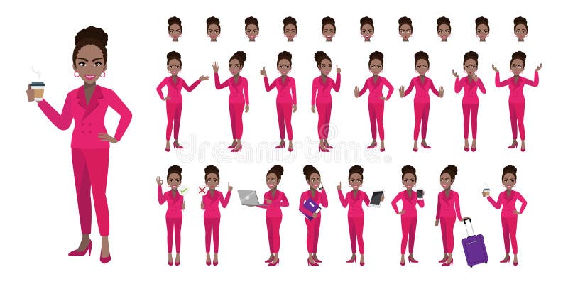 Businesswoman cartoon character set. African American businesswoman in pink color suit style.