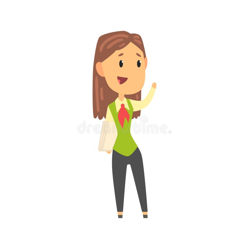 Businesswoman character in formal wear standing with documents and waving her hand, business person at work cartoon stock illustration Businesswoman character in formal wear standing with documents and waving her hand, business person at work cartoon stock illustration