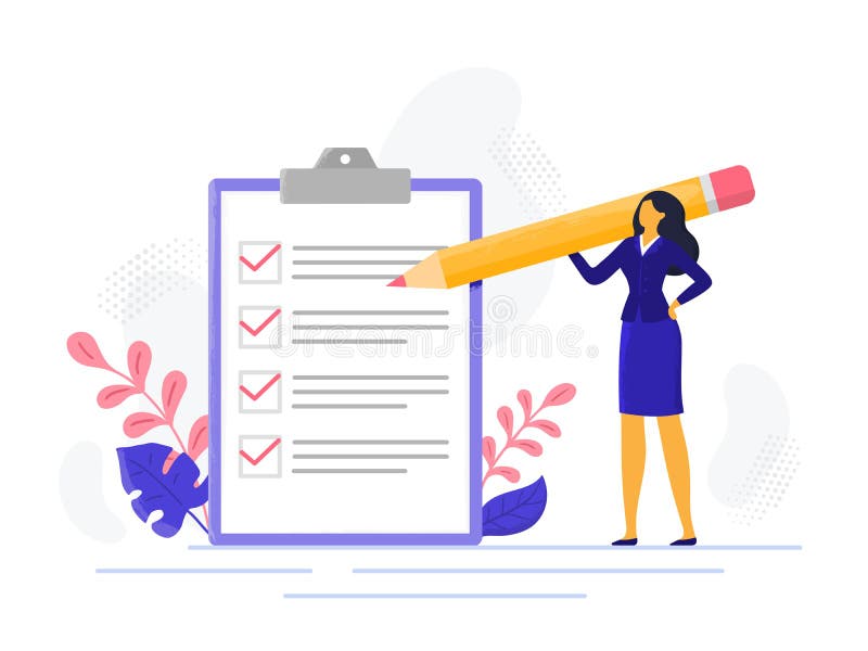 Businesswoman checklist. Successful woman checking task success, completed business tasks. Check mark list vector stock illustration