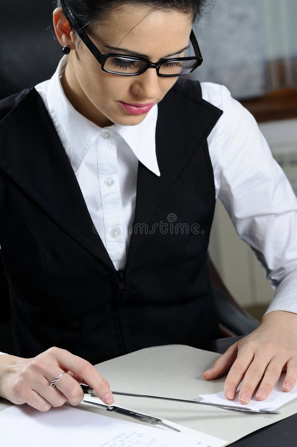 Businesswoman Cutting  Paper  Stock Photo Image of jacket 