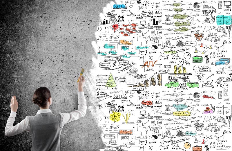 Businesswoman drawing a business plan on a wall. Diagram marketing research concept stock images, royalty-free photos and pictures