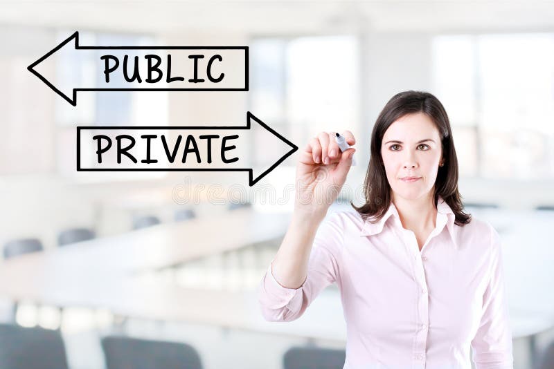 Businesswoman drawing a Private or Public concept on the screen. Office background. Businesswoman drawing a Private or Public concept on the screen. Office stock photography Businesswoman drawing a Private or Public concept on the screen. Office background. Businesswoman drawing a Private or Public concept on the screen. Office stock photography