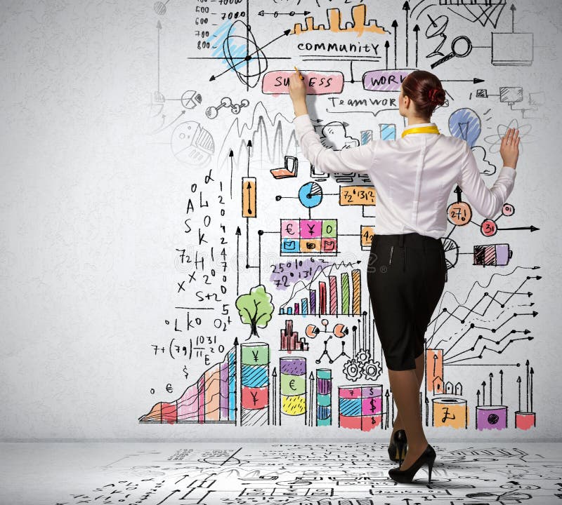 Businesswoman standing with back drawing business ideas on wall. Diagram marketing research concept stock images, royalty-free photos and pictures
