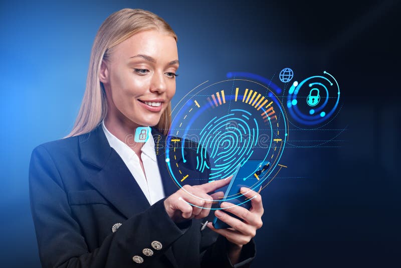 Businesswoman finger touch phone, glowing fingerprint hud and padlock hologram royalty free stock photo