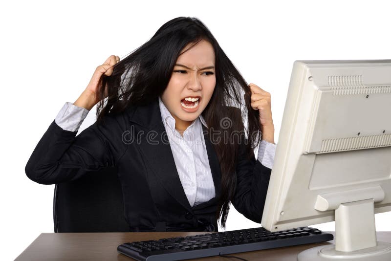 Businesswoman getting crazy in front of her laptop isolated over white background
