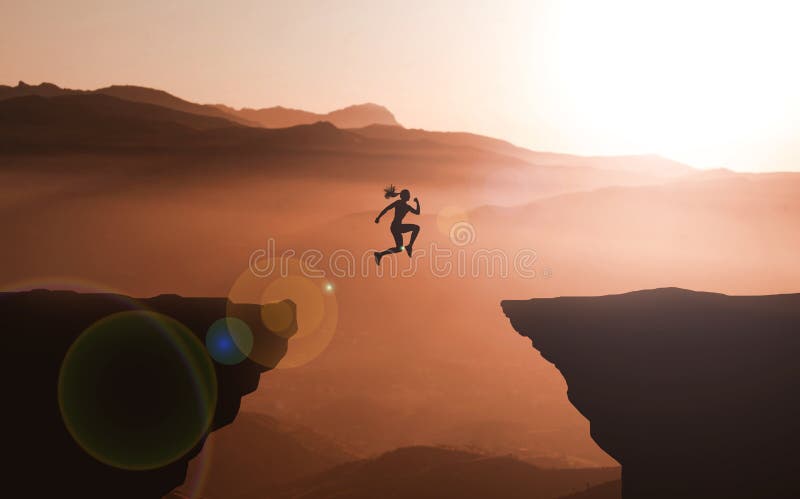 Businesswoman Goal and success concept Idea. Girl Jumping Over the Cliff in Mountain Sunset background. Brave and Courageous Young