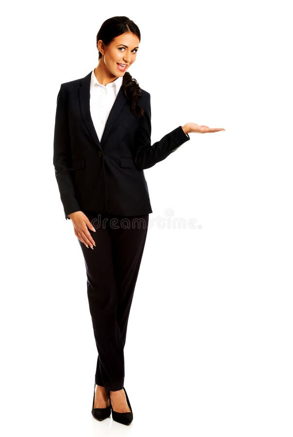 Businesswoman holding copyspace on the left hand stock photography