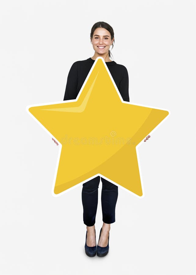Businesswoman holding a golden star rating symbol royalty free stock image Businesswoman holding a golden star rating symbol royalty free stock image