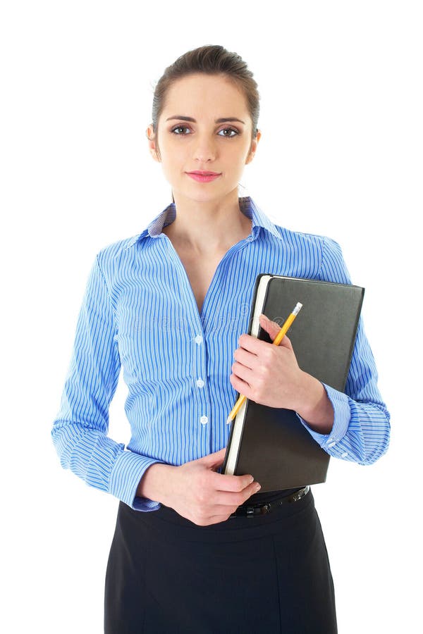 Businesswoman holds black diary, isolated