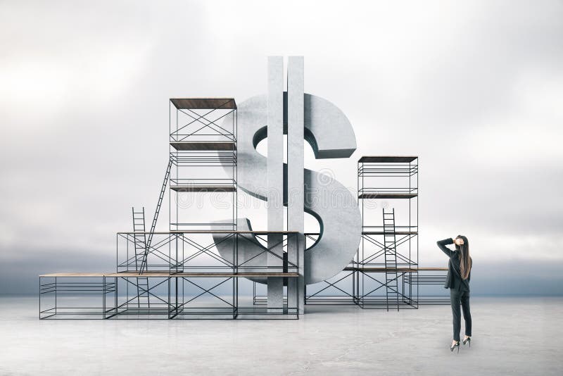 Businesswoman looking on dollar sign under construction