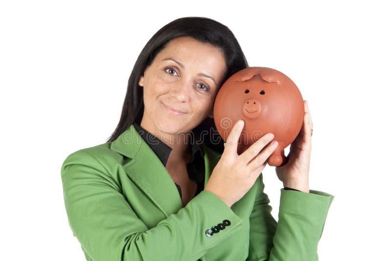 Businesswoman with a moneybox