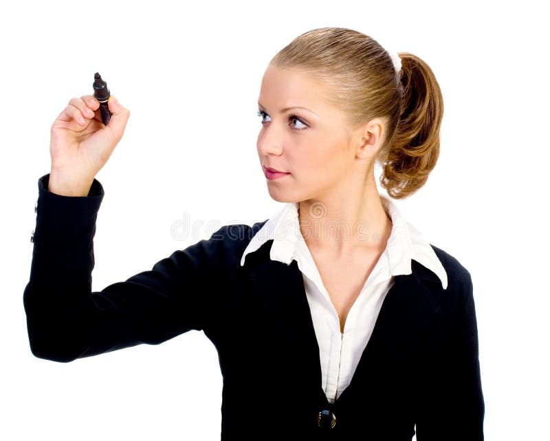 Businesswoman with pen on the screen. Isolated