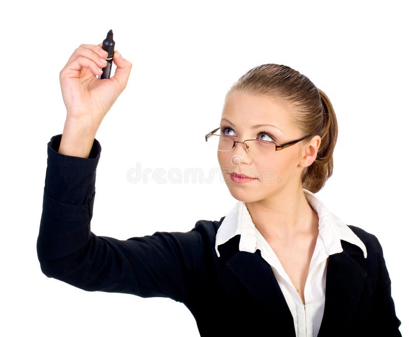 businesswoman with pen on the screen. Isolated