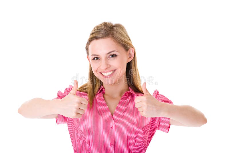 Businesswoman in pink shirt with thumbs up