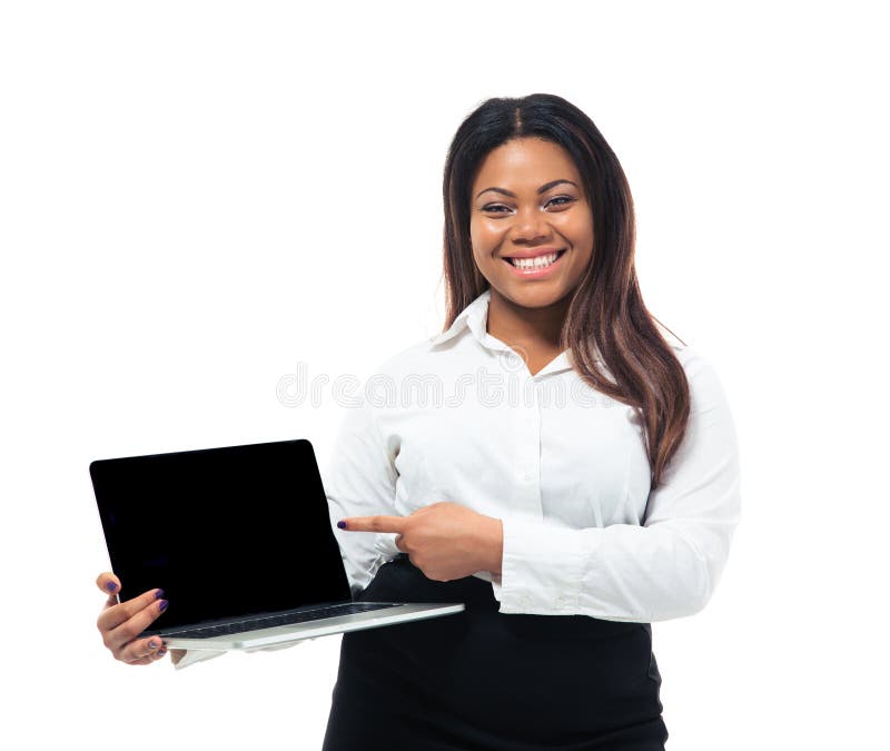 Businesswoman pointing on blank laptop screen