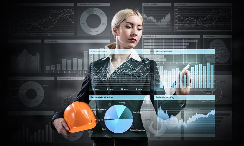 Businesswoman pointing on 3d financial chart. Woman in business suit standing with safety helmet. Digital technology and innovation in construction industry royalty free stock images Businesswoman pointing on 3d financial chart. Woman in business suit standing with safety helmet. Digital technology and innovation in construction industry royalty free stock images