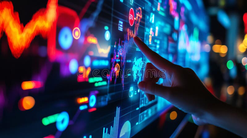 Businesswoman analyzing financial data on interactive digital screen royalty free illustration