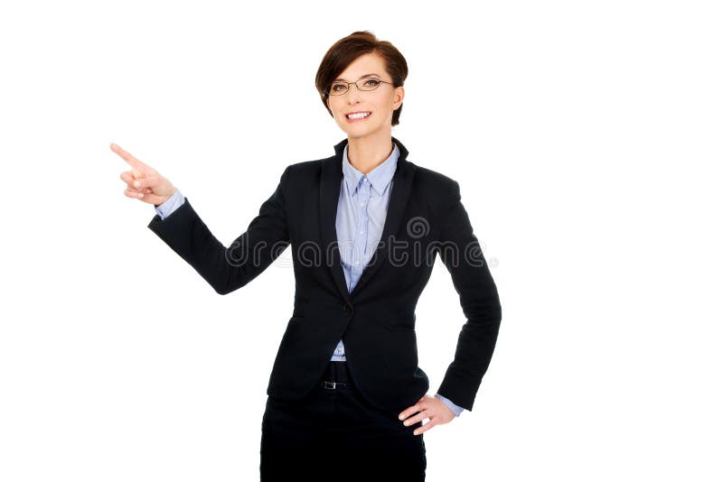 Businesswoman pointing up.