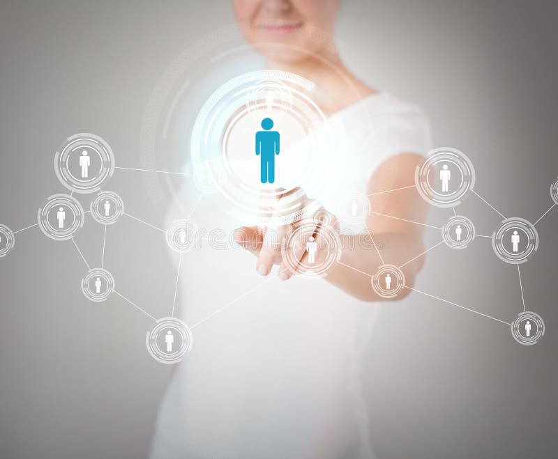 Businesswoman pressing button with contact stock images Businesswoman pressing button with contact stock images