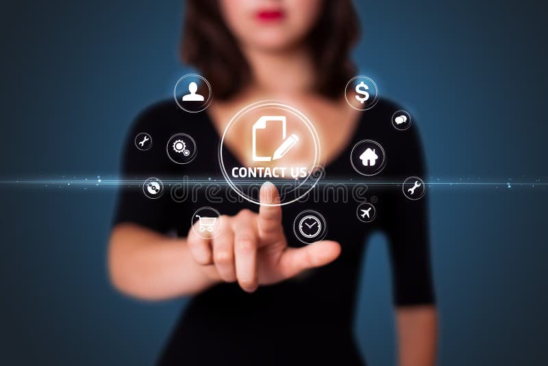 Businesswoman pressing virtual messaging type of icons stock image Businesswoman pressing virtual messaging type of icons stock image