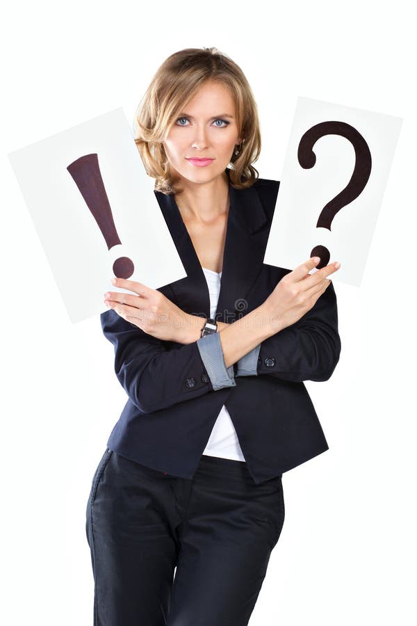 Businesswoman with question and exclamation mark stock images
