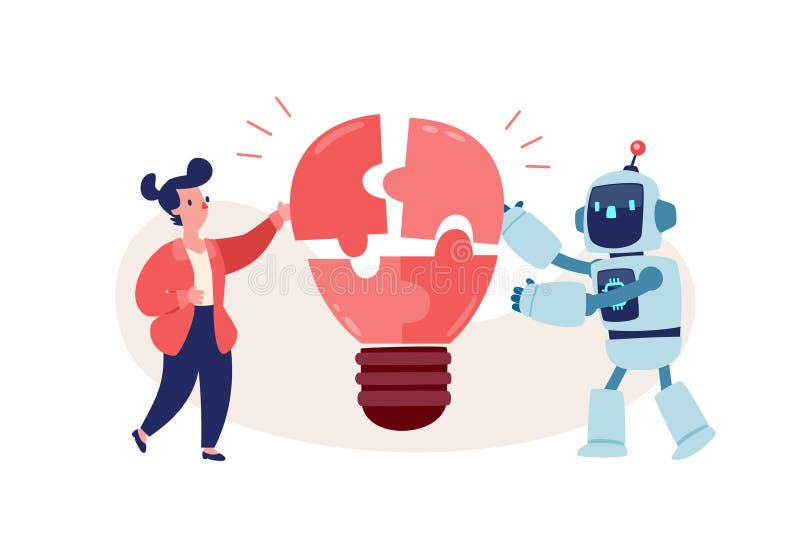 Businesswoman and robot solve lightbulb jigsaw puzzle royalty free illustration