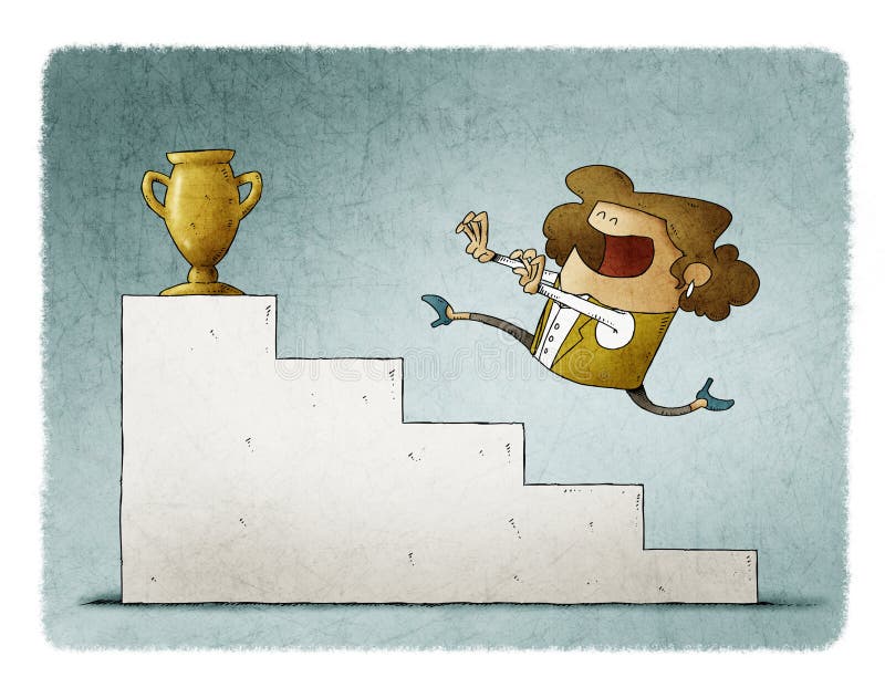 Woman runs up some stairs to reach a golden trophy