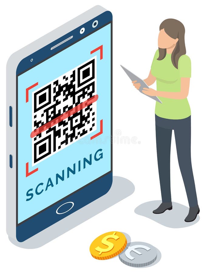 Businesswoman scanning qr code via mobile phone scanner device isometric vector illustration