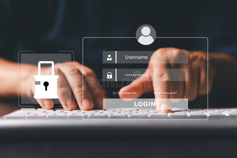 Businesswoman is securing laptops and protecting personal data through virtual interfaces, preventing online theft by applying key royalty free stock photo