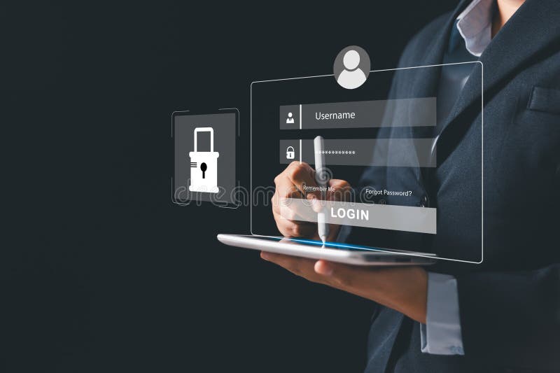 Businesswoman is securing laptops and protecting personal data through virtual interfaces, preventing online theft by applying key stock photos