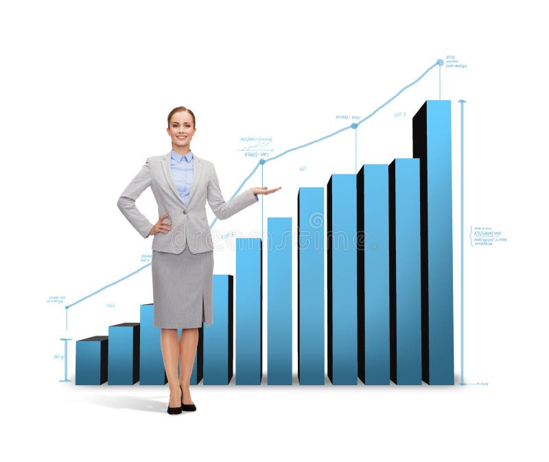 Businesswoman showing growing chart. Business and finances concept - smiling businesswoman showing growing chart royalty free stock images Businesswoman showing growing chart. Business and finances concept - smiling businesswoman showing growing chart royalty free stock images