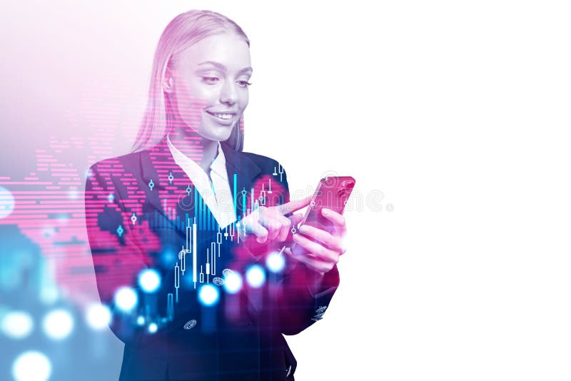 Businesswoman with smartphone, forex diagrams and candlesticks. Copy space stock photos