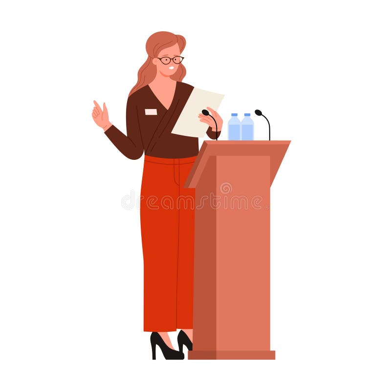Confident businesswoman presenting at conference podium with microphone and documents on isolated vector illustration. Conference podium illustrations