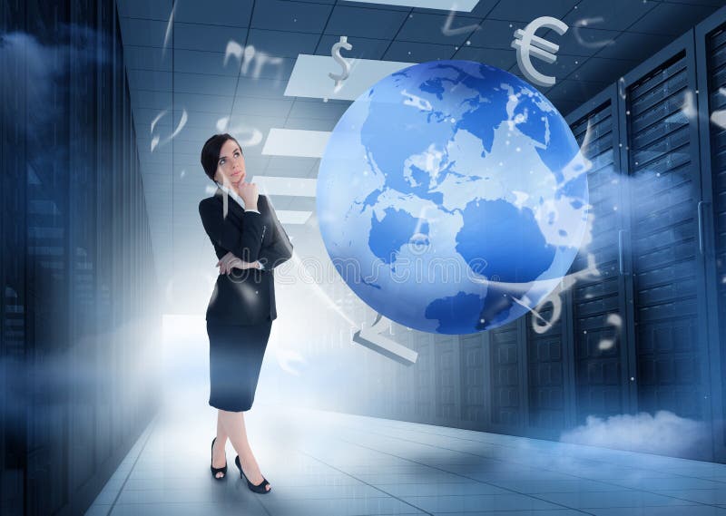 Businesswoman standing and thinking in data center with earth and currency graphics. Businesswoman standing and thinking in data center with earth and currency graphics