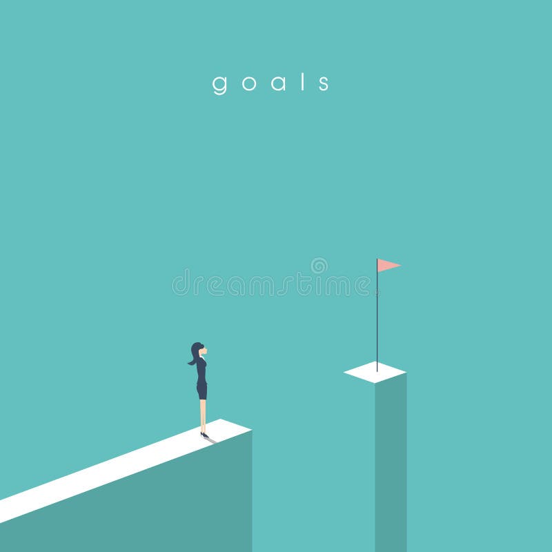 Businesswoman standing in front of gap looking at flag. Business concept of goals, success, achievement and challenge. royalty free illustration Businesswoman standing in front of gap looking at flag. Business concept of goals, success, achievement and challenge. royalty free illustration