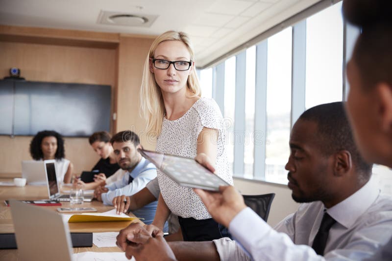 Businesswoman Stands To Address Meeting Around Board Table