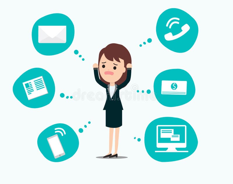 Businesswoman stress pressure, business mental issues, concept. Vector icons with pictogram computer,money,news,telephone call,e-mail. Pressure mental and vector illustration Businesswoman stress pressure, business mental issues, concept. Vector icons with pictogram computer,money,news,telephone call,e-mail. Pressure mental and vector illustration
