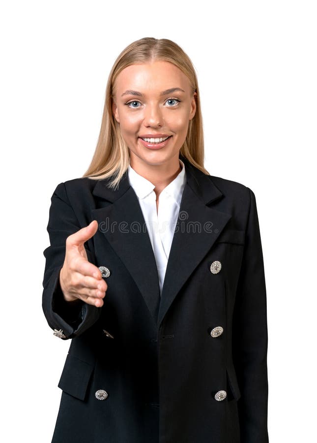 Businesswoman stretching out hand to shake, isolated over white stock photography