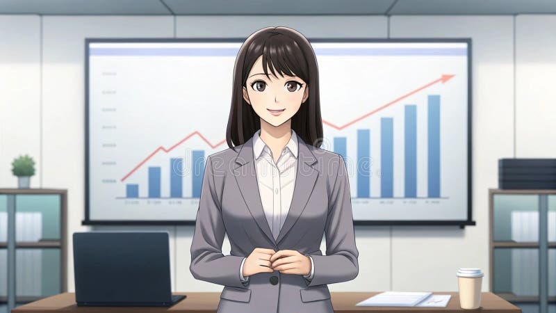 Businesswoman in a stylish suit presents her chart in front of the room Anime style royalty free illustration