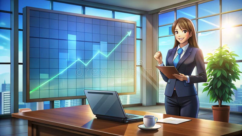 Businesswoman in a stylish suit presents her chart in front of the room Anime style stock illustration
