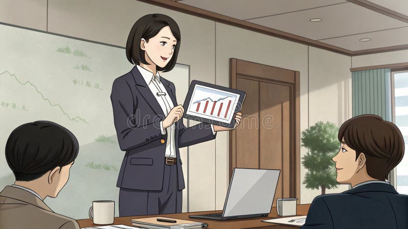 Businesswoman in a stylish suit presents her chart in front of the room Anime style royalty free illustration