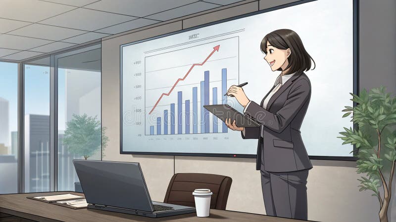 Businesswoman in a stylish suit presents her chart in front of the room Anime style vector illustration