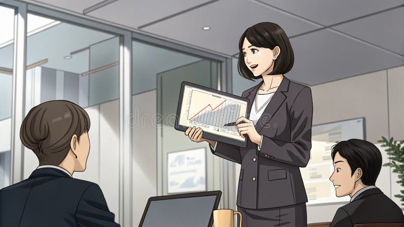 Businesswoman in a stylish suit presents her chart in front of the room Anime style vector illustration