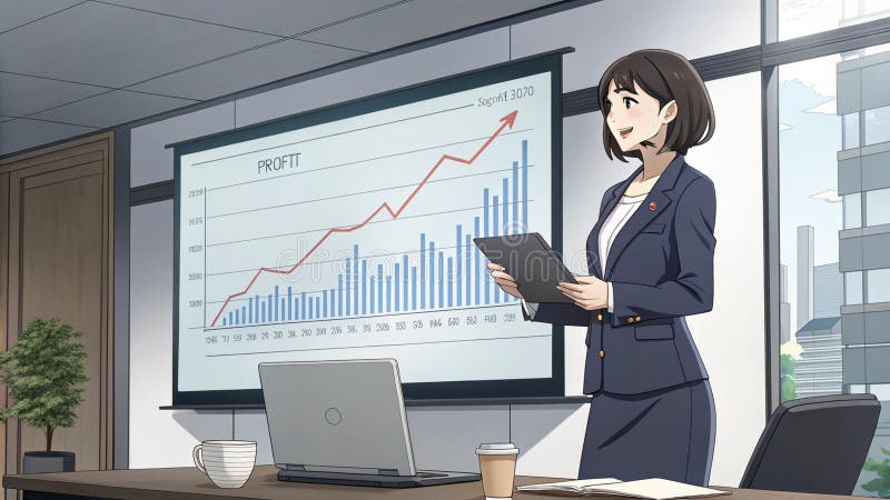 Businesswoman in a stylish suit presents her chart in front of the room Anime style vector illustration