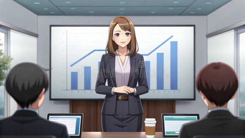 Businesswoman in a stylish suit presents her chart in front of the room Anime style vector illustration