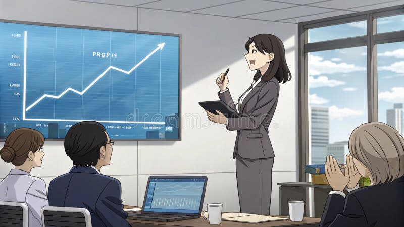 Businesswoman in a stylish suit presents her chart in front of the room Anime style stock illustration